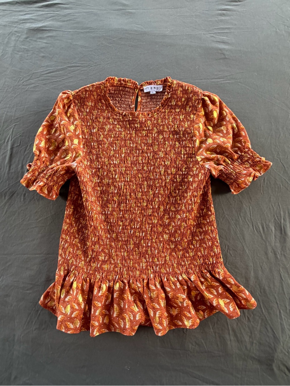 THML women’s Rust and Mustard Smocked Peplum Dress